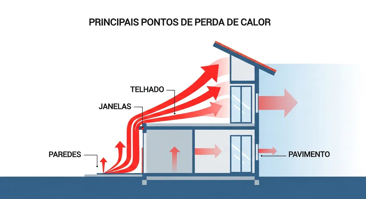 Infográfico de um corte transversal de uma casa, ilustrando as principais áreas de perda de calor. Setas vermelhas indicam o calor a escapar pelo telhado, janelas, paredes e pavimento.