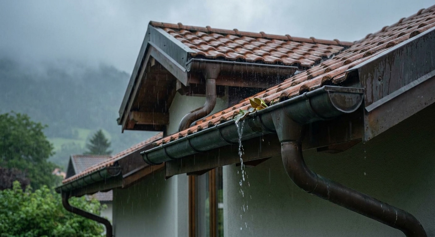 Calhas e caleiras para telhados em zonas de muita chuva